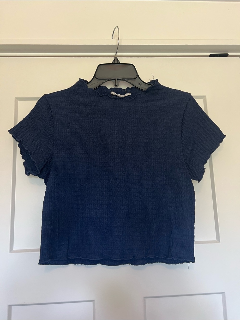 Double Zero Navy Textured Lettuce-Edge Crop Top